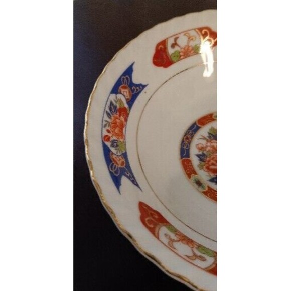 TONO CHINA Chinoiserie Bowl w/ Scalloped Edge, Gold Trim Floral Decor, JAPAN, 7" - Picture 2 of 6